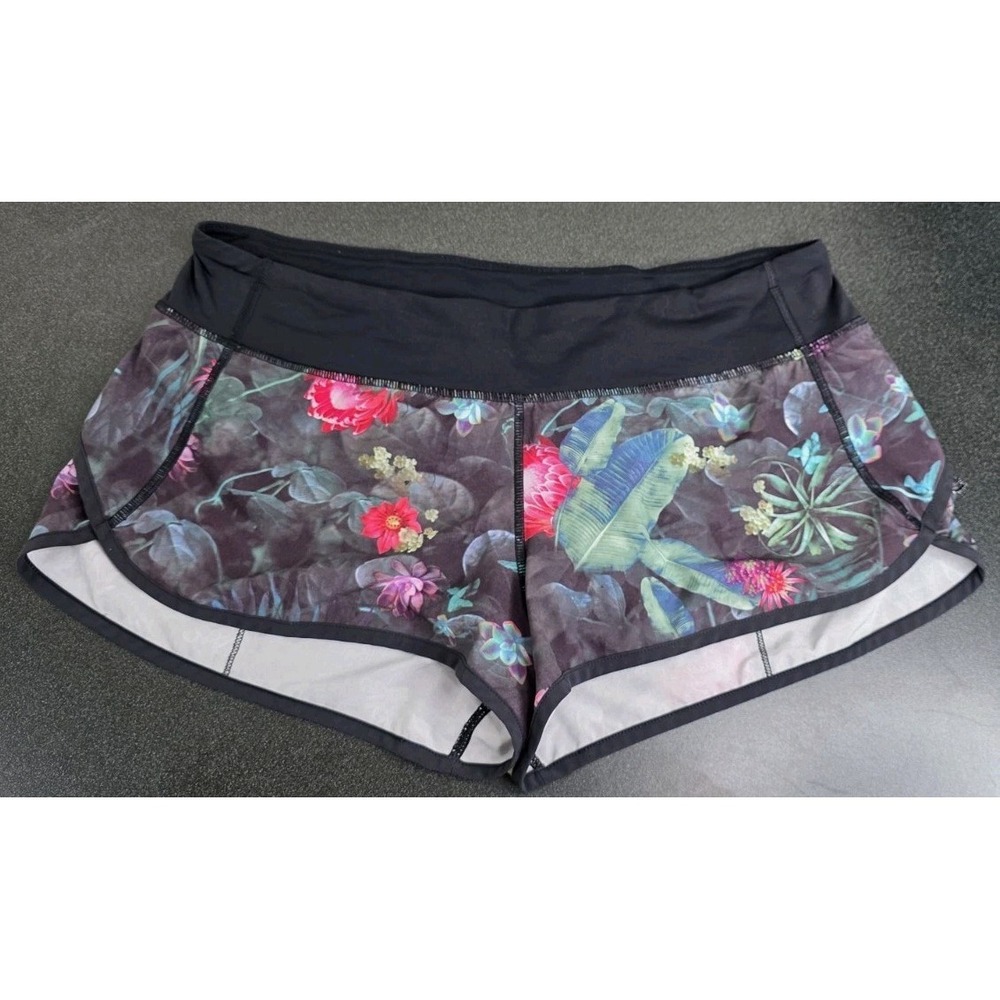 Lululemon Speed Shorts Curious Jungle Floral Black Woman 10 Yoga Gym Running